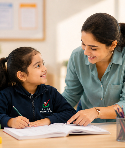School of Modern Skills teacher helping a young student with writing