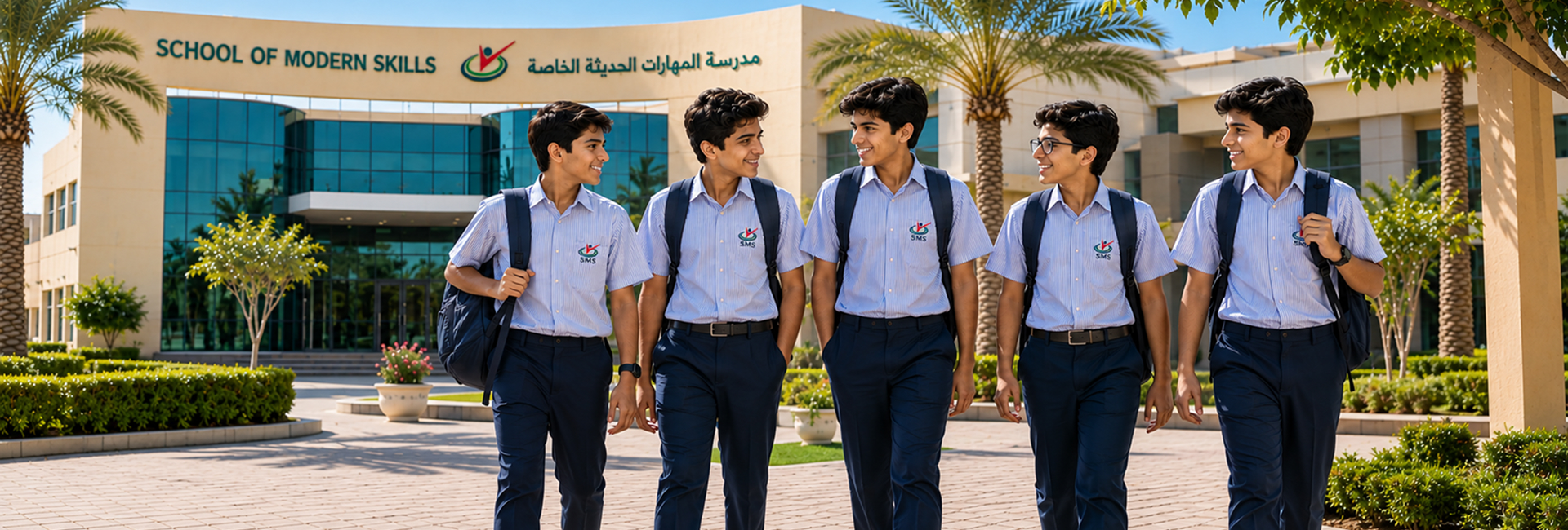 School of Modern Skills students wearing school uniforms outside the campus
