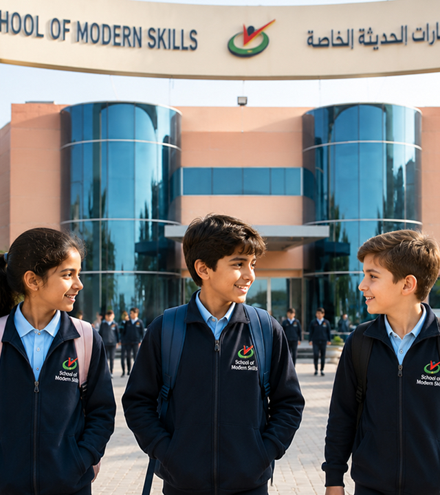 Years 7 to 13 students wearing School of Modern Skills uniform on campus