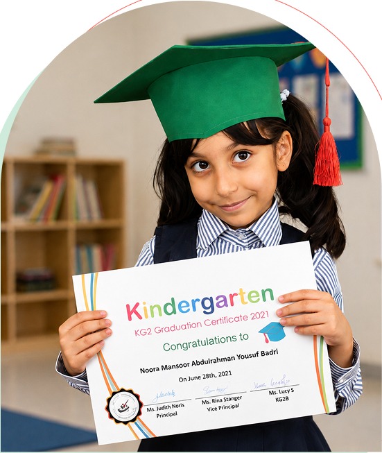 Early Years student holding a kindergarten graduation certificate