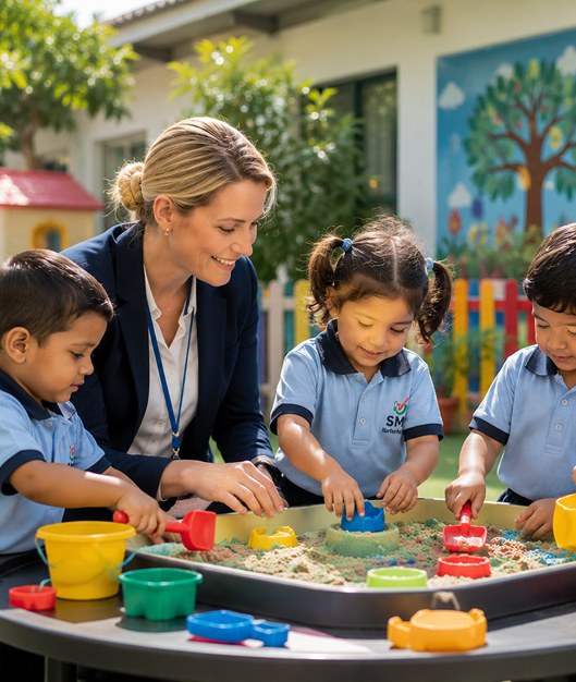 Teacher guiding Early Years students in sensory play
