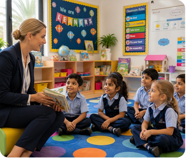 Teacher reading with Early Years students in class