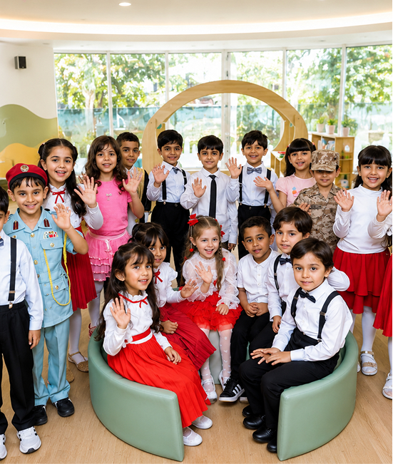 Elementary students in costumes gathered together