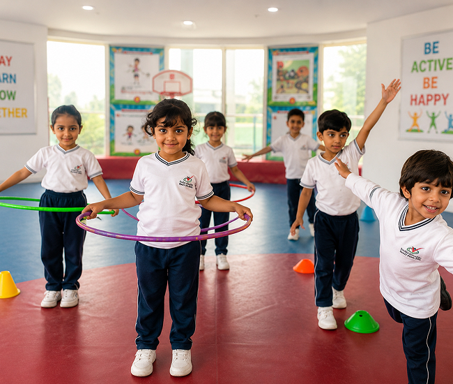 Elementary students in a physical education activity