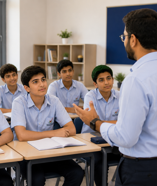 Boys Division students listening to a teacher in class