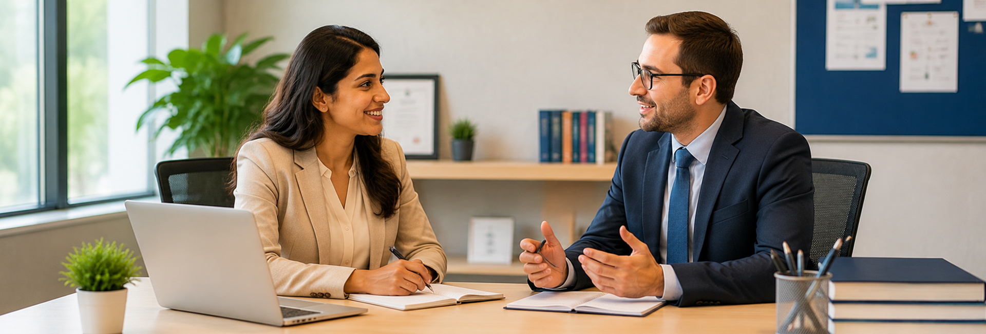 School staff members discussing career opportunities in an office
