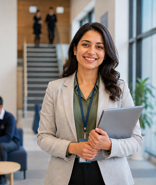 School staff member standing in the school lobby