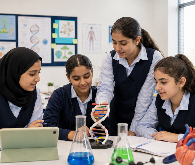 Girls Division students learning with a DNA model in science class