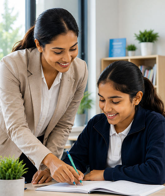 Teacher supporting a student in a modern learning environment