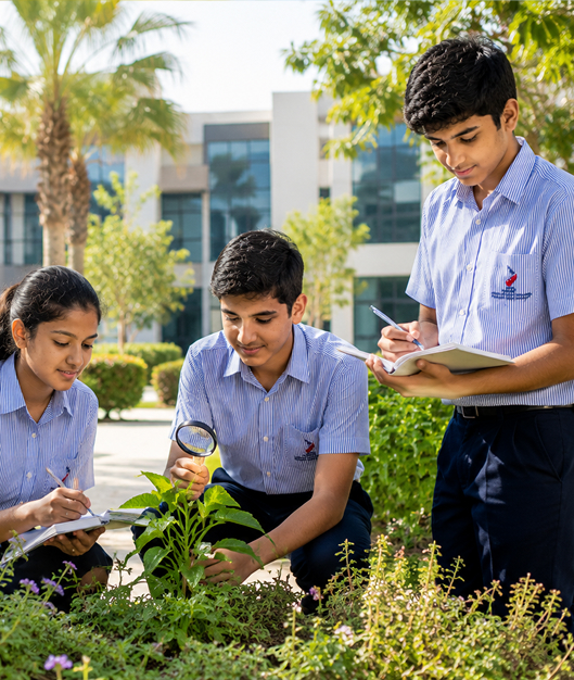 Students researching plants outdoors