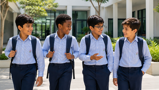 Boys division students walking on campus