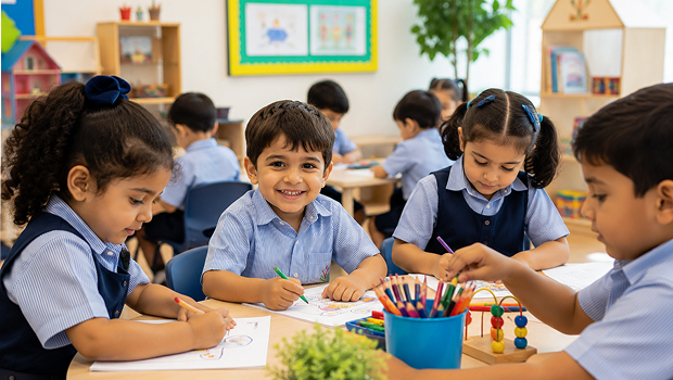 Early years students drawing together in class