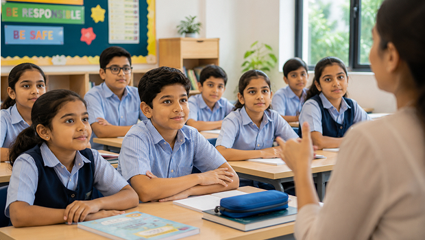 Elementary students listening to their teacher