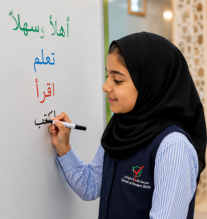 Student writing Arabic on a whiteboard