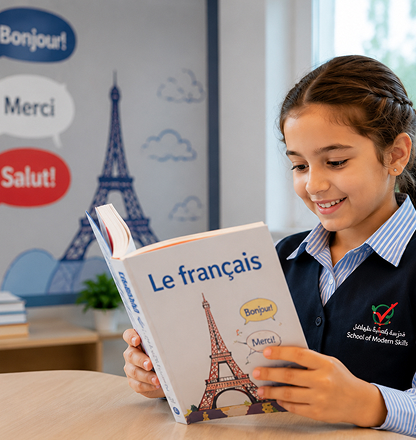 Student reading a French book