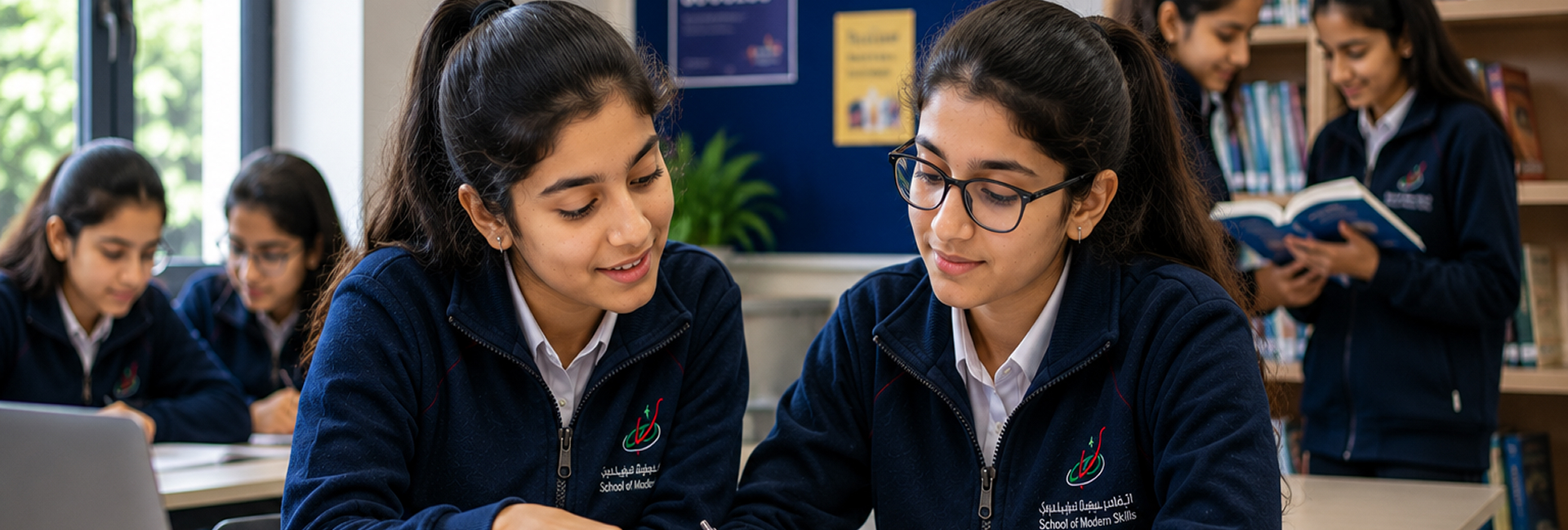 Girls studying together in the school library
