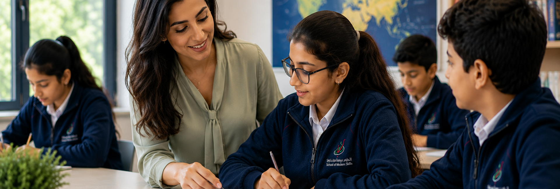 Teacher supporting students during a classroom lesson